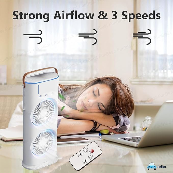 Rechargeable Double Spray Fan with Mist & Remote Controlled | Up to 8 Hours Backup Without Light
