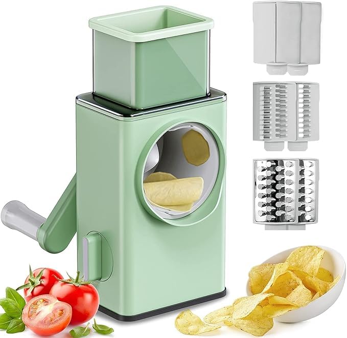 Multifunction Rotary Cheese Grater Slicer 4 in 1 Manual Mandolin Drum Julienne Grinder Shredder for Vegetables Potatoes Nuts Salad Cutter Machine Kitchen Gadget Tools