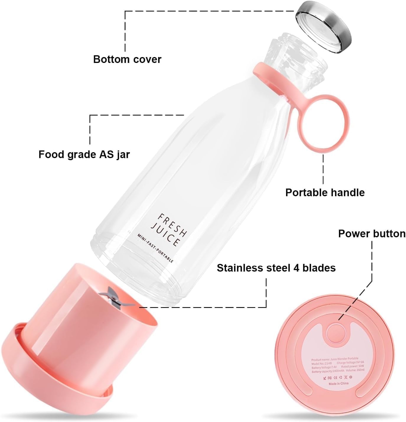 Portable USB Rechargeable Mini Blender - Electric Juicer Bottle, Grinder Mixer for Shakes, Smoothies, and Fruits