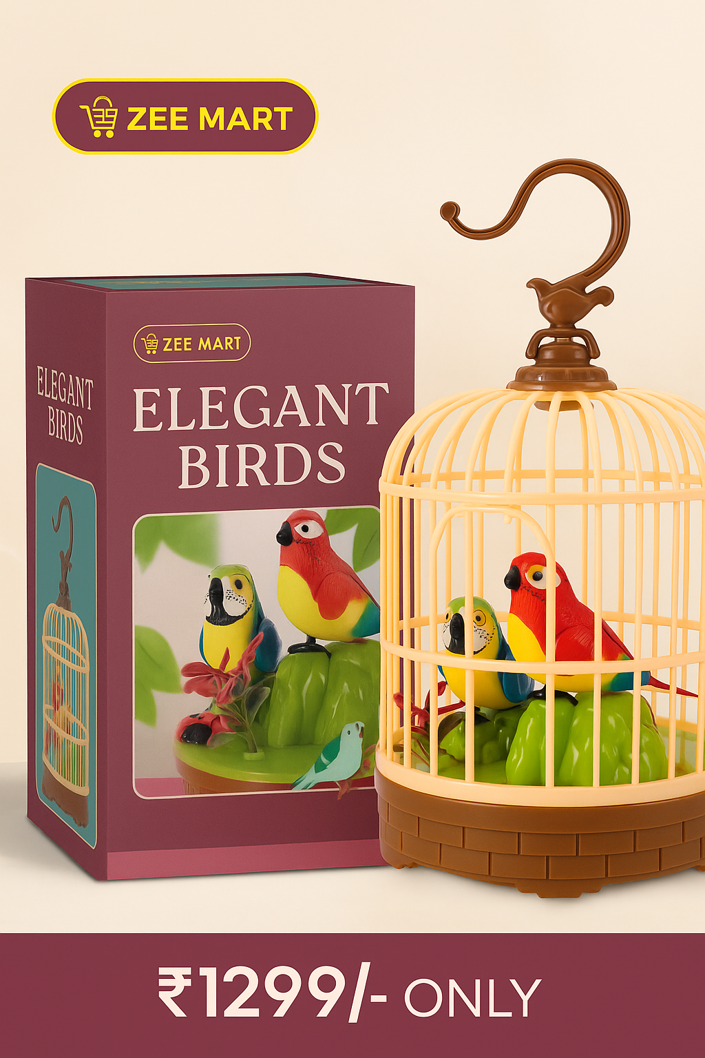 ZeeMart Premium Talking Bird Cage Toy 2 Sound Modes: Chirping Mode + Repeat Mode Voice-Activated | Baby-Friendly | Gift-Ready
