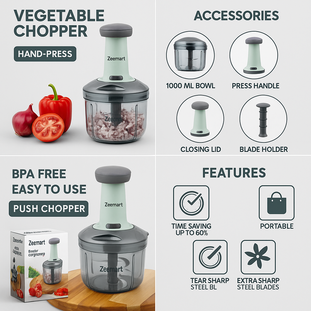 Zeemart Premium Manual Hand Press Push Vegetables Chopper| Six Sharp Blades for Effortless Chopping | Cutting Machine for Onion & Tomato for Kitchen Use