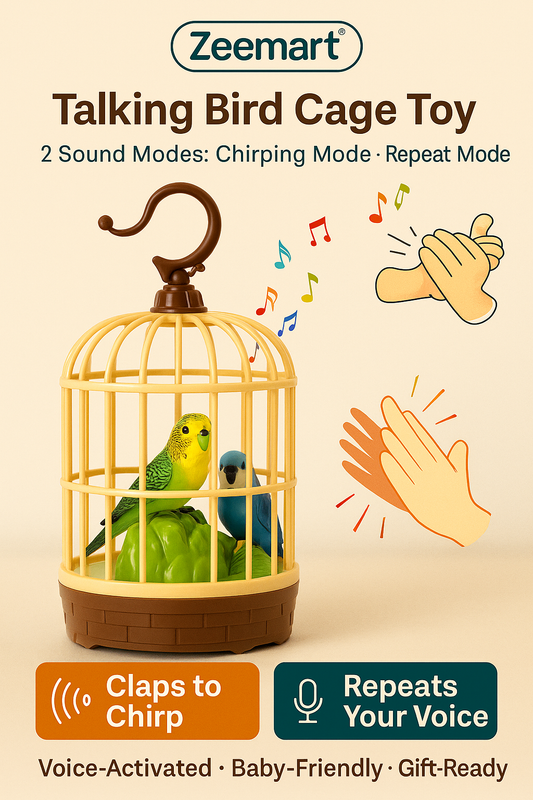 ZeeMart Premium Talking Bird Cage Toy 2 Sound Modes: Chirping Mode + Repeat Mode Voice-Activated | Baby-Friendly | Gift-Ready