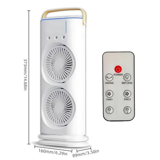Rechargeable Double Spray Fan with Mist & Remote Controlled | Up to 8 Hours Backup Without Light